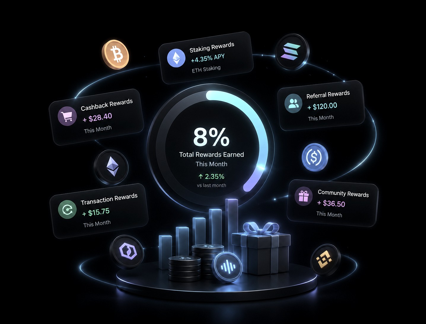 Earn and Rewards — 8% total rewards earned this month